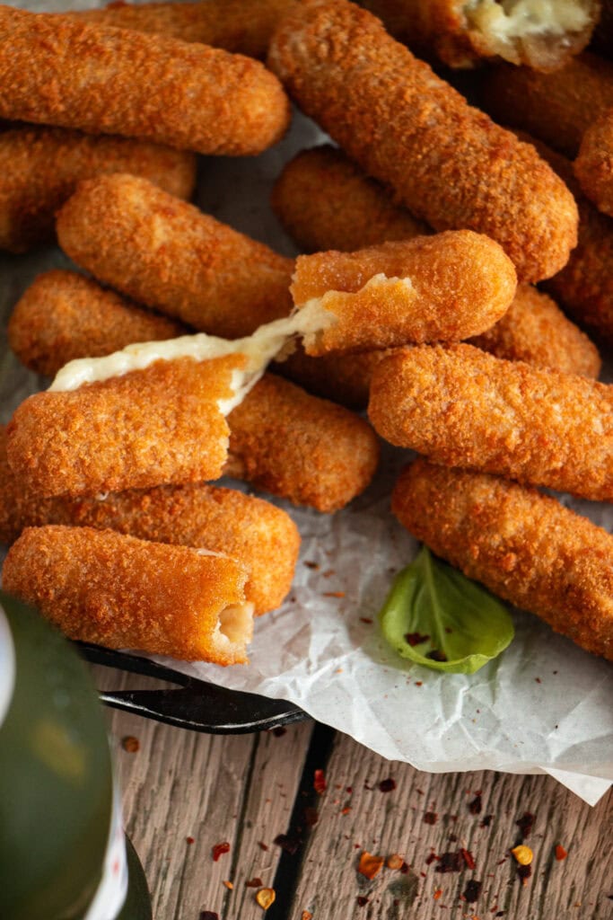 air fried cheese stick pulled in half