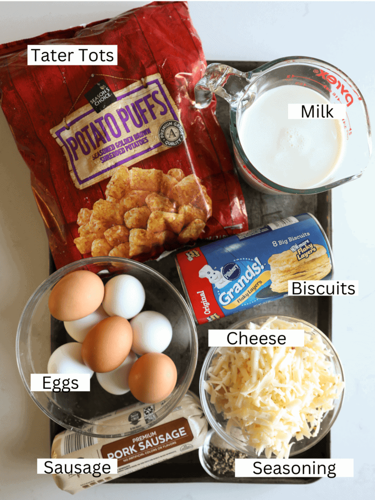 Sheet pan with ingredients for the egg bake labeled