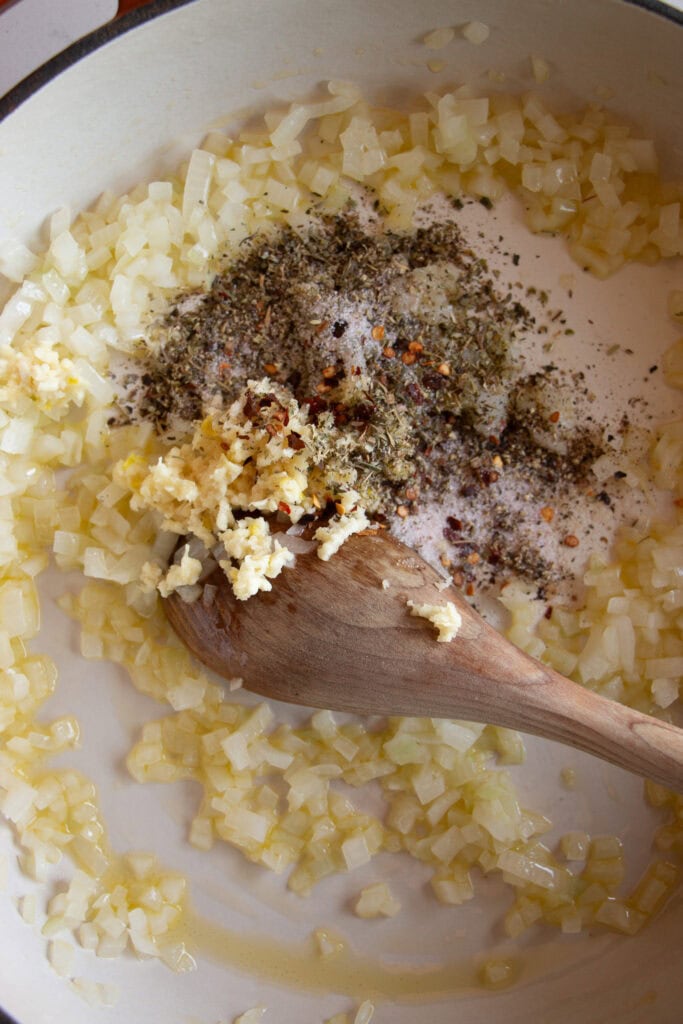 onions sauteing with garlic and seasoning