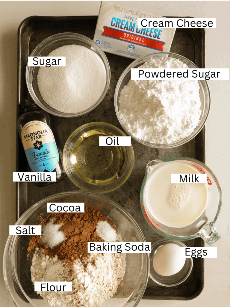 Sheet pan with ingredients to make the chocolate cupcakes
