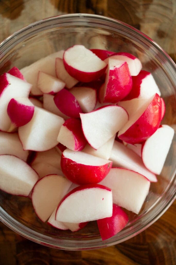 fresh chopped radishes in a bowl