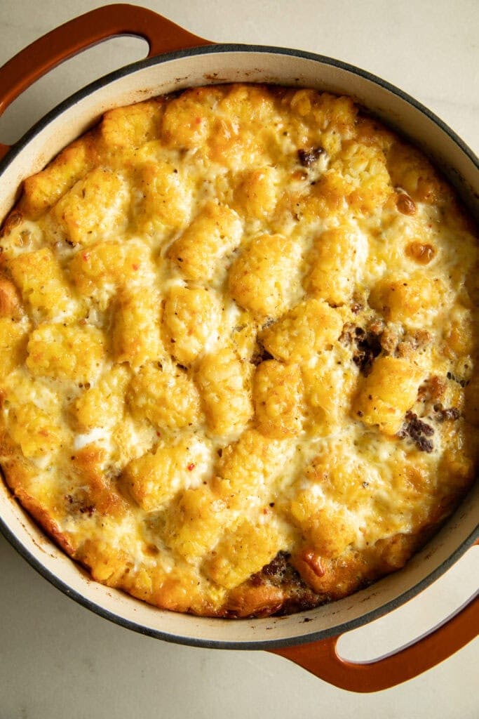Fresh baked egg casserole topped with gooey cheese