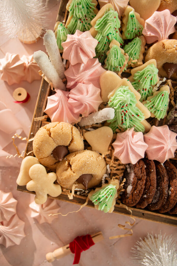 Wooden box full of holiday cookies