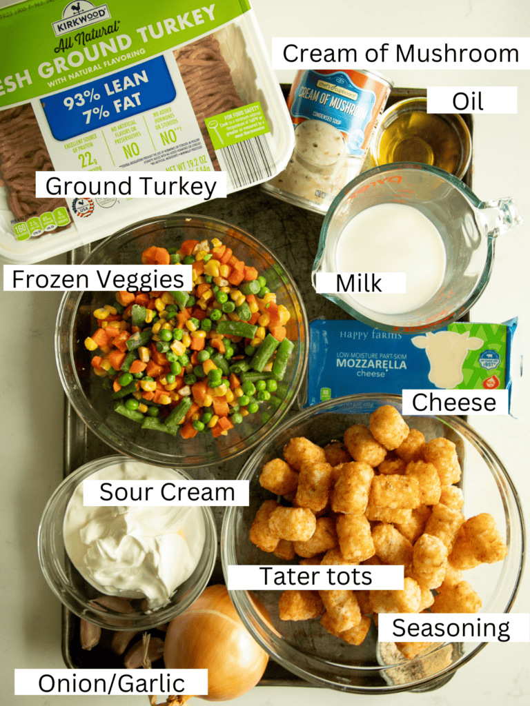 sheet pan with tater tot casserole ingredients labeled and portioned