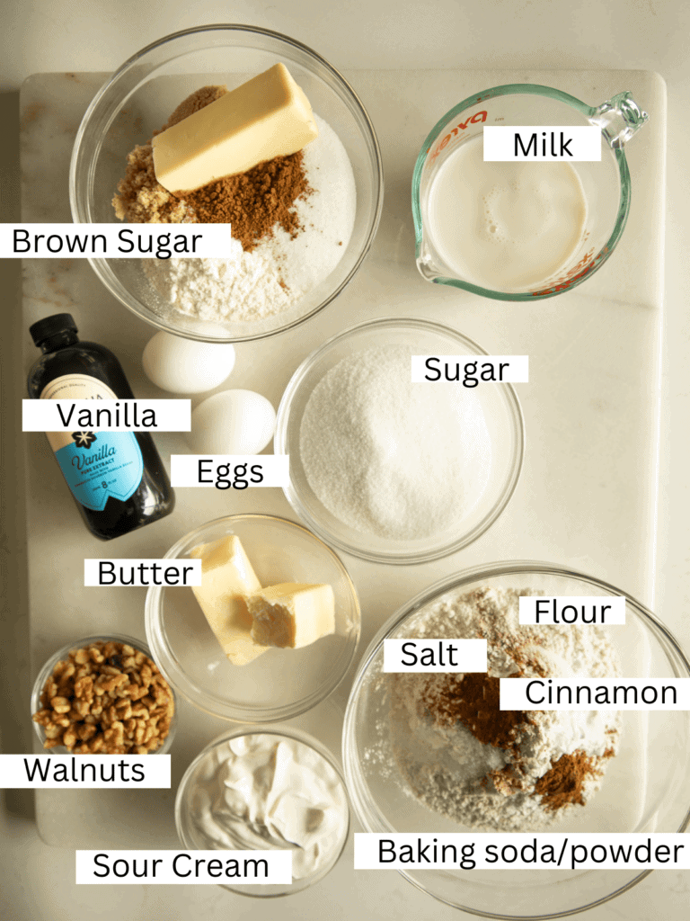 Sheet pan with ingredients for the coffee cake, portioned and labeled with text 