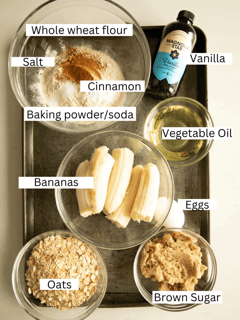 Sheet pan with banana muffin ingredients