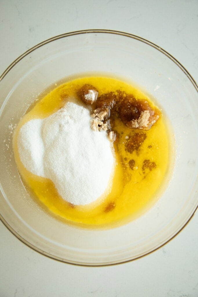 mixing bowl with melted butter and sugars