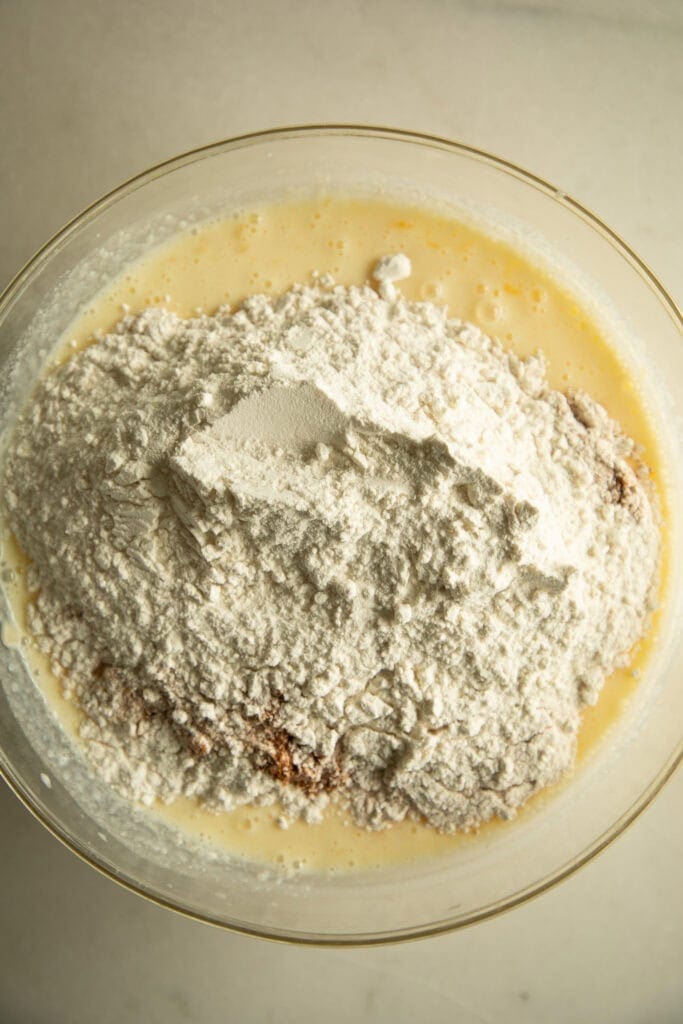 Mixing bowl with wet and dry ingredients 