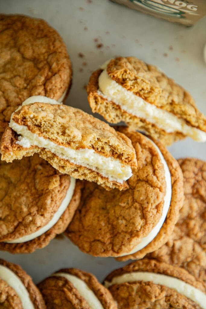 stacked egg nog sandwich cookies torn in half