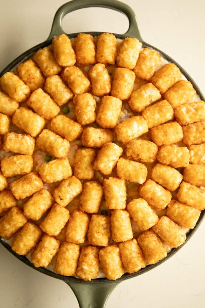 tater tots lined around casserole pan