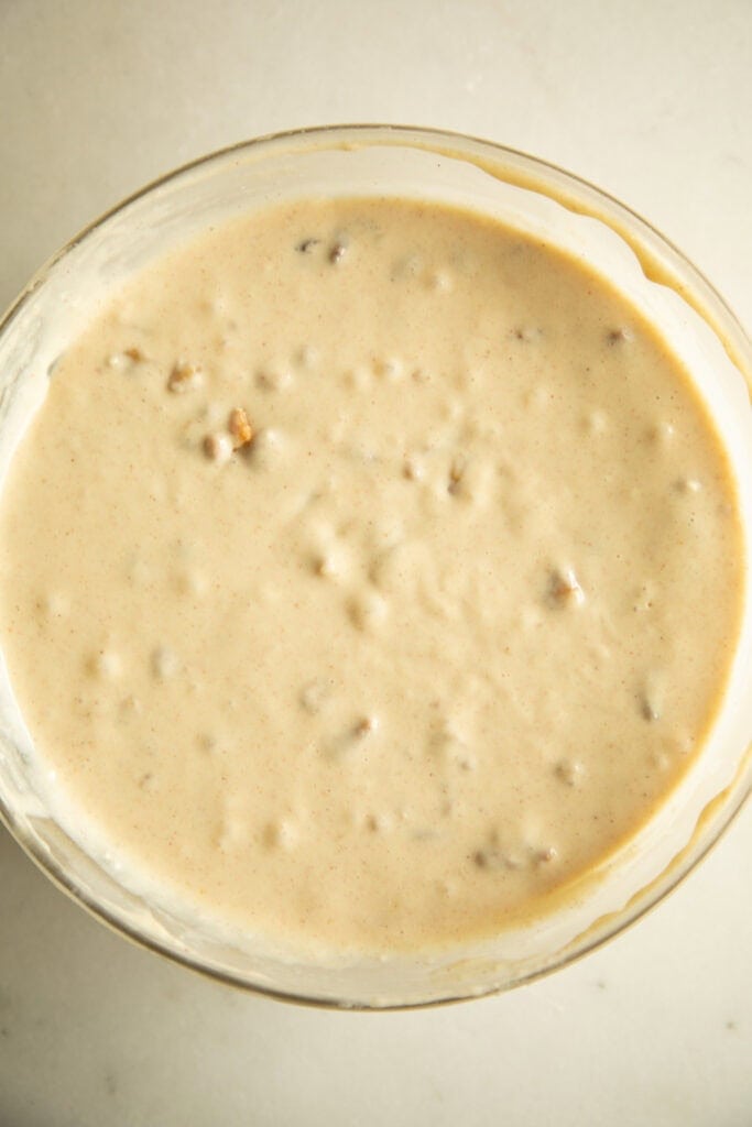 Fully combined coffee cake batter in a mixing bowl