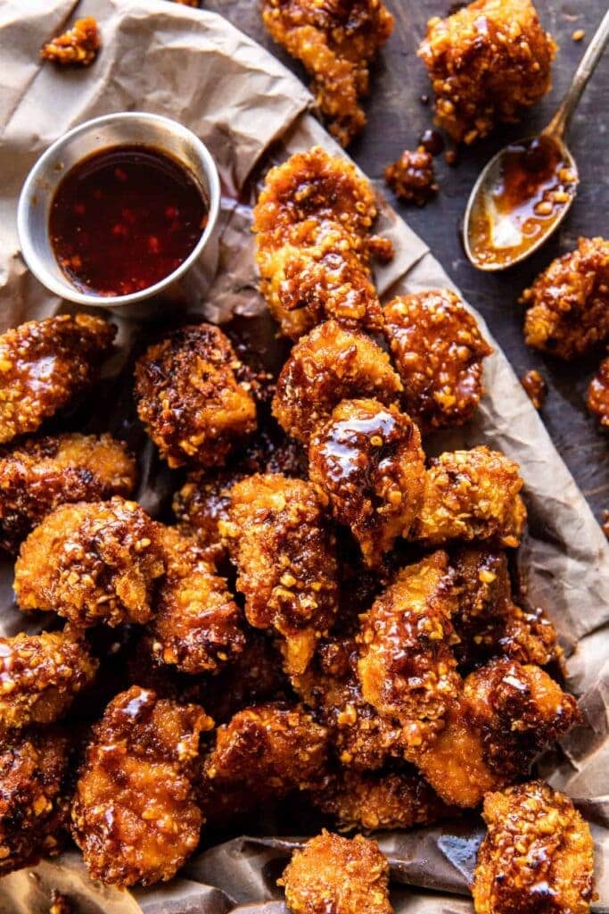 Crispy chicken nuggets in a basket