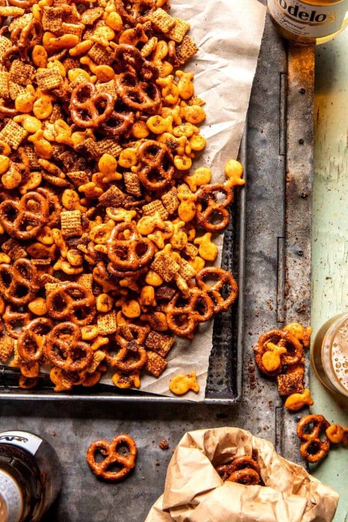 snack mix on a piece of parchment