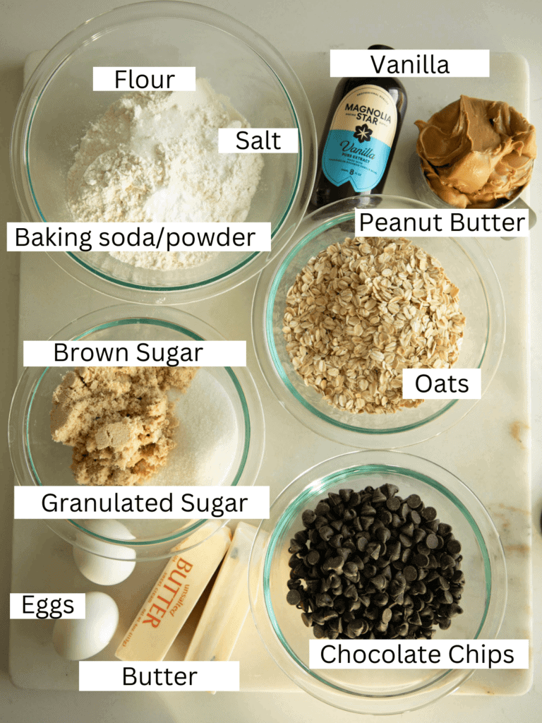 portioned and labeled ingredients on a marble slab