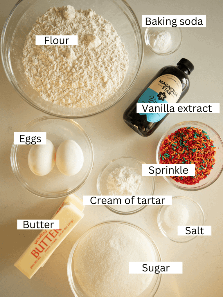 ingredients portioned out for the funfetti cookies