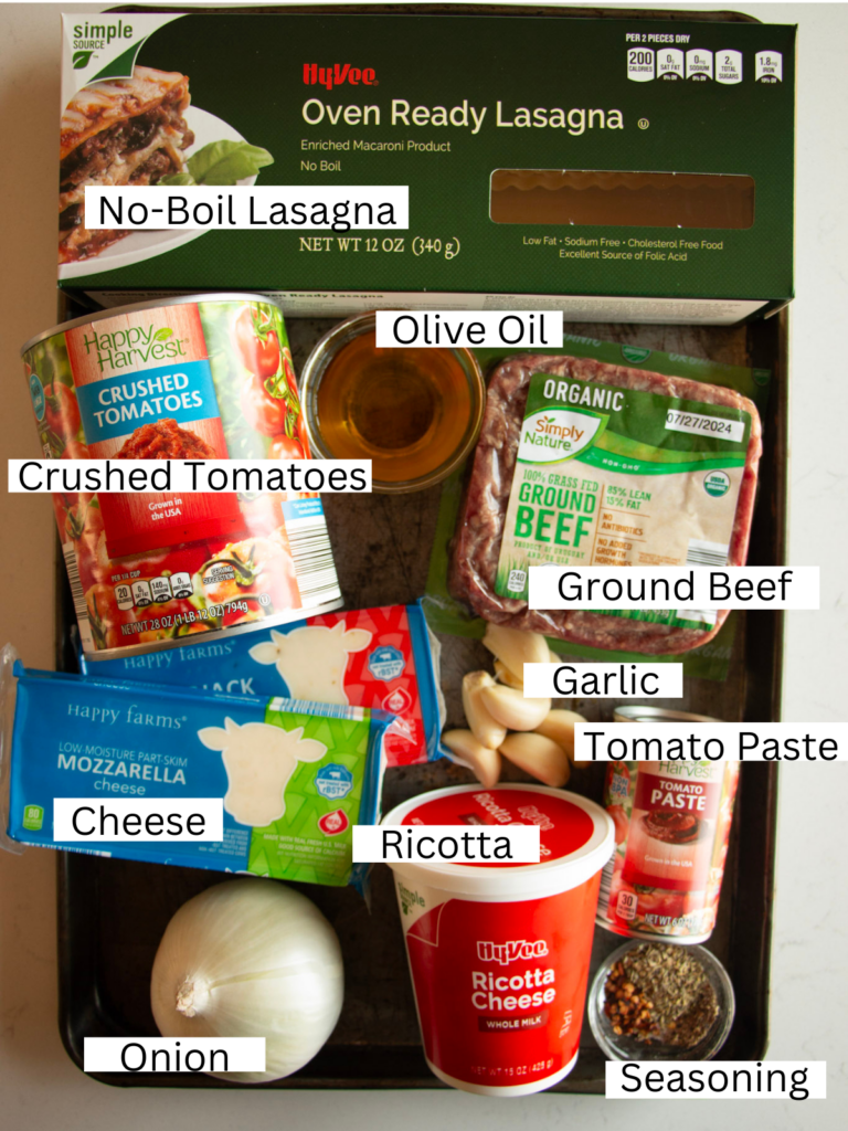 Sheet pan with ingredients to make lasagna