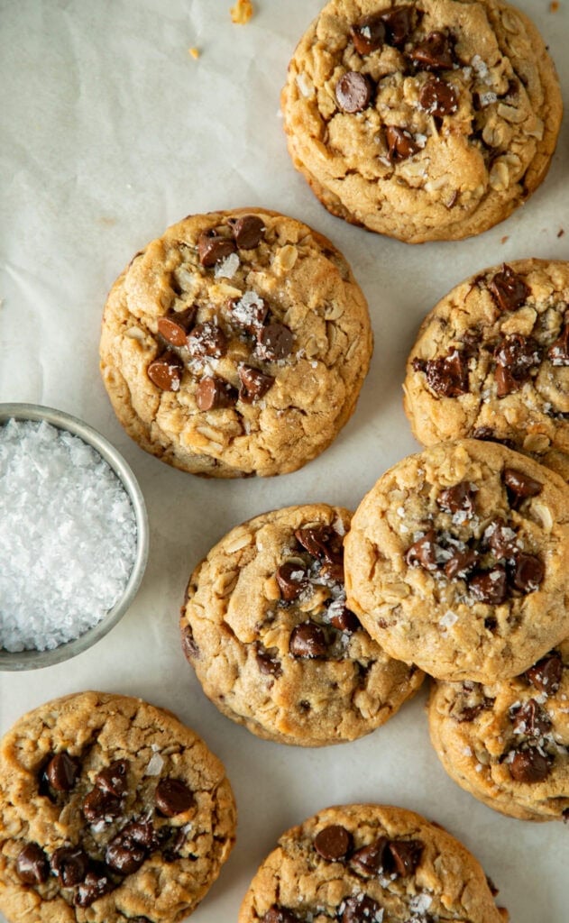 stacks of fresh baked oatmeal chocolate cookies