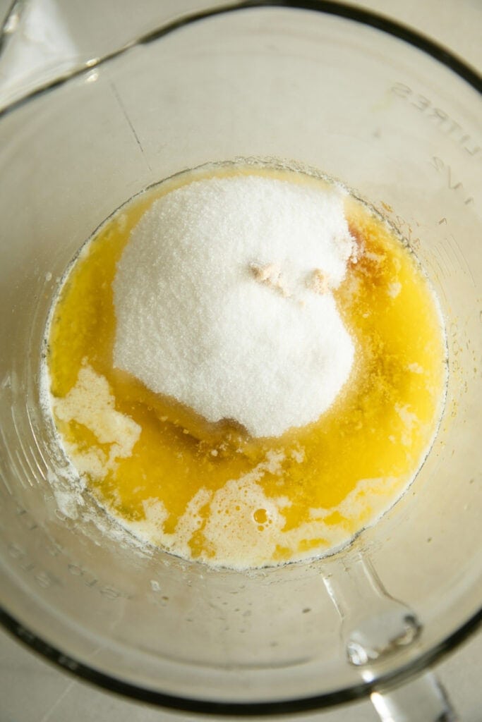 mixing bowl with melted butter and sugars