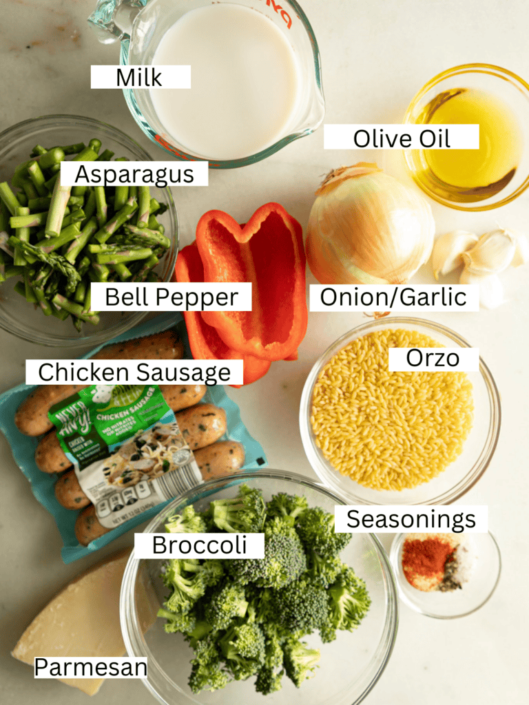 portioned orzo ingredients with labels