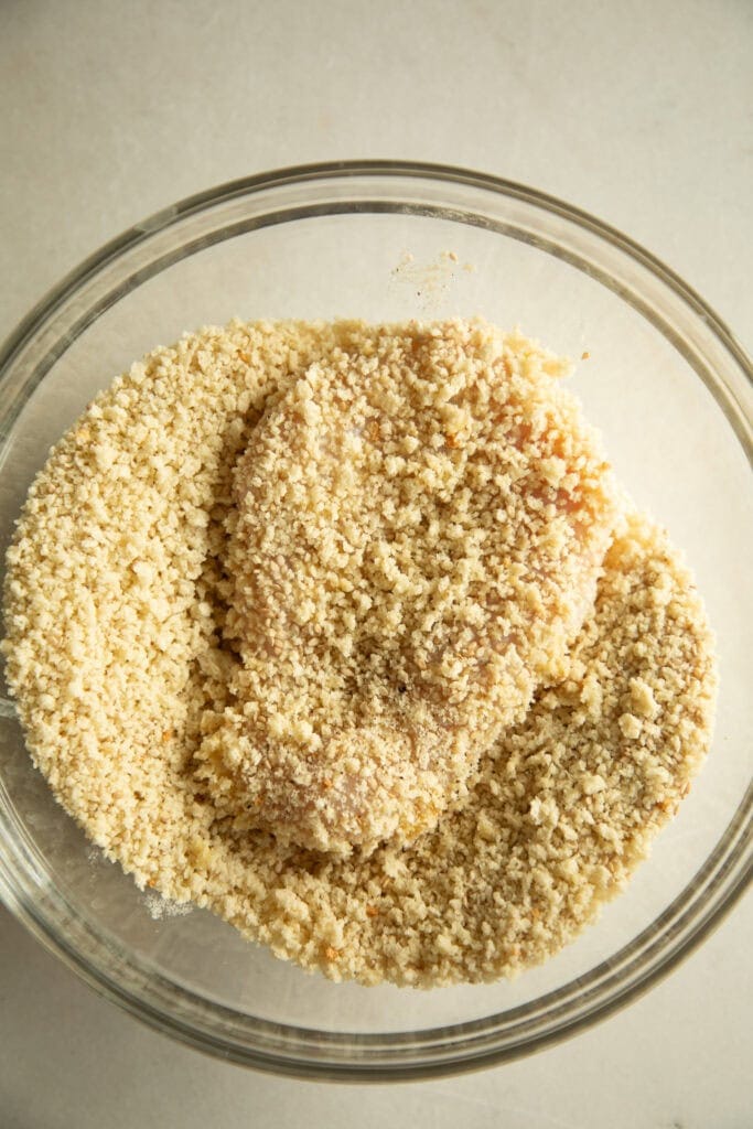 mixing bowl with panko and chicken 