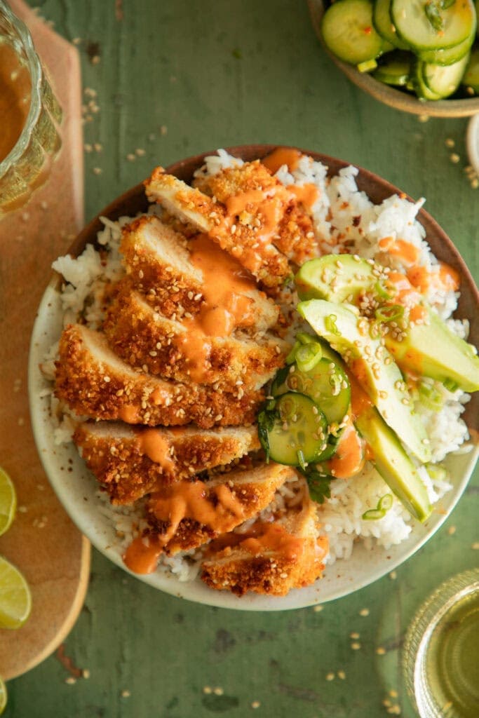 rice bowl with crispy air fryer katsu chicken 
