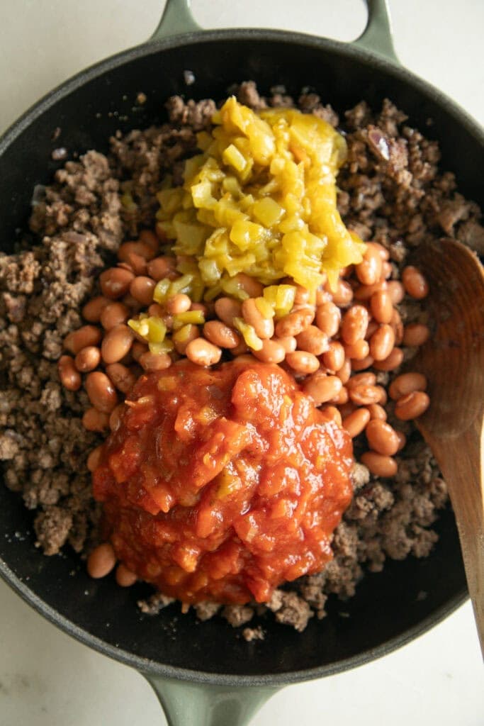 ground beef with salsa, beans, and green chiles