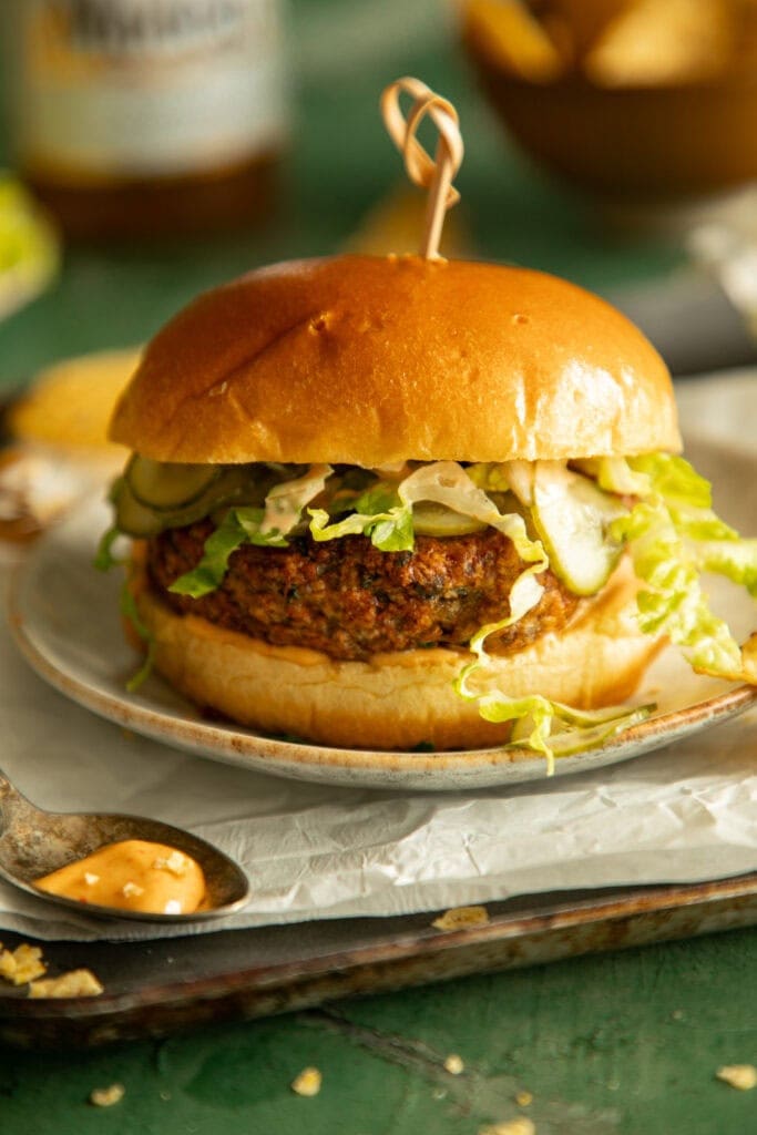 loaded chicken burger on a plate with sauce and extra toppings
