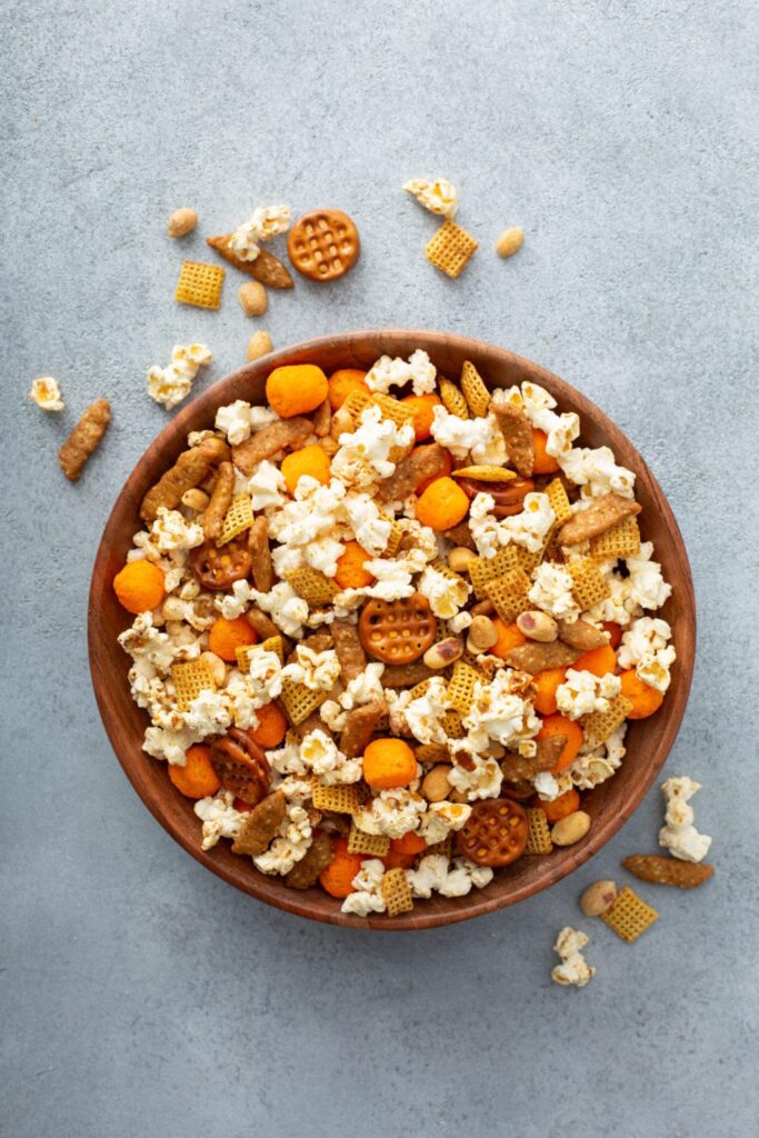 game day snack mix in a bowl