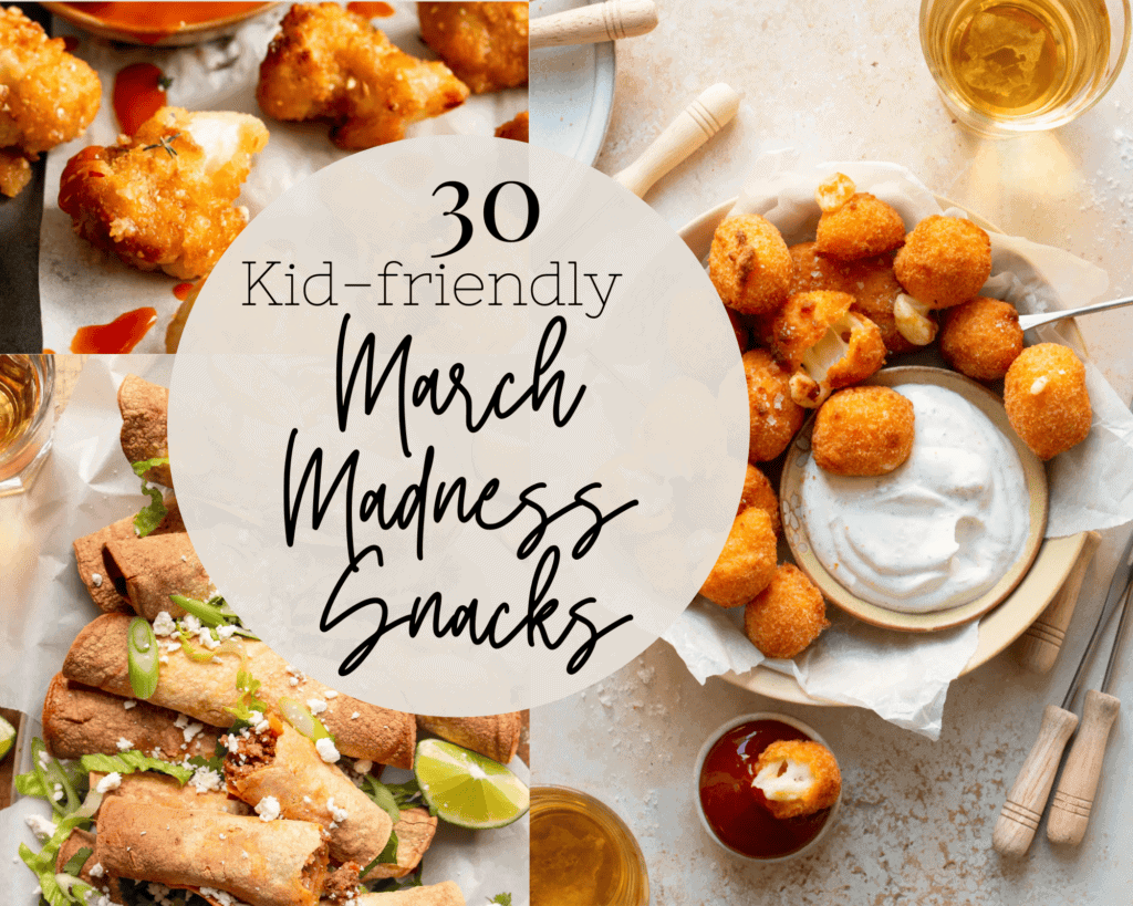three snack photos making up a sign about the 30 march madness snacks