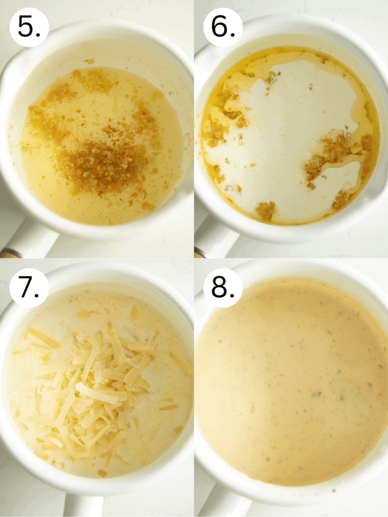 Numbered step by step process shots for the garlic parmesan sauce