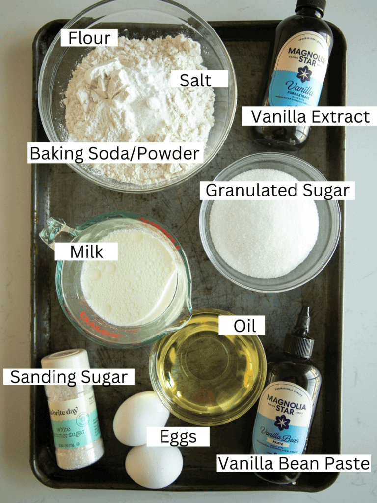Sheet pan with prepped and portion ingredients for the muffins, labeled with text