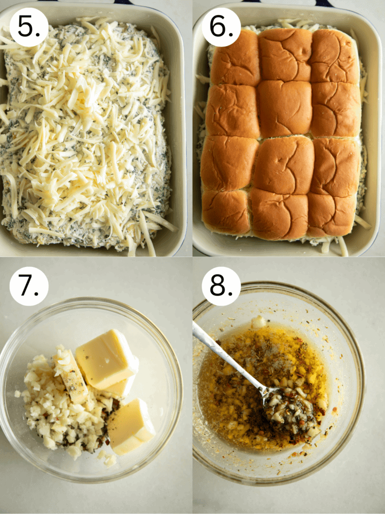 numbered process shots of layering the sliders in the baking dish