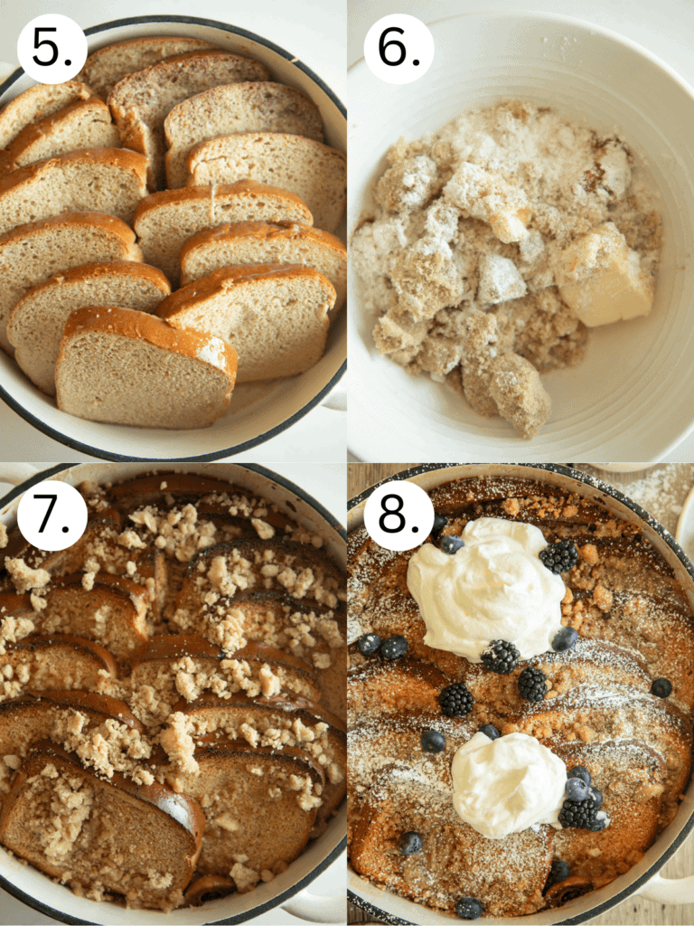Steps 5-8 on how to make the baked French toast casserole