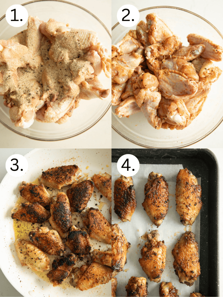 Step by step ingredients for seasoning and frying wings