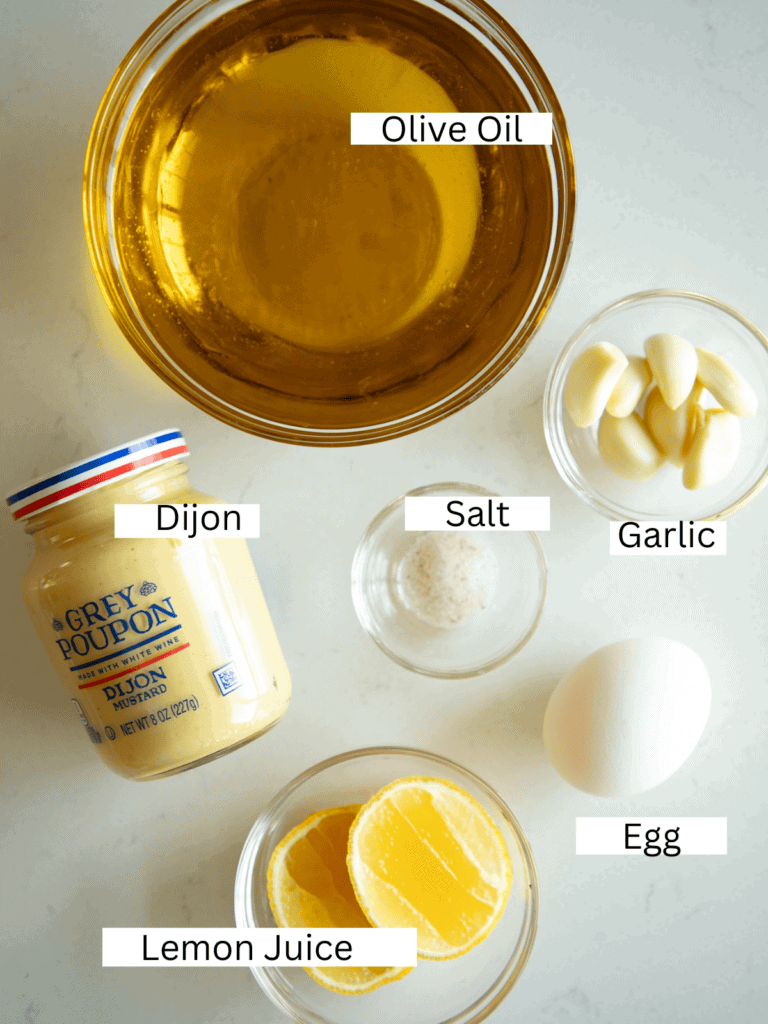 Portioned and labeled ingredients for the mayo