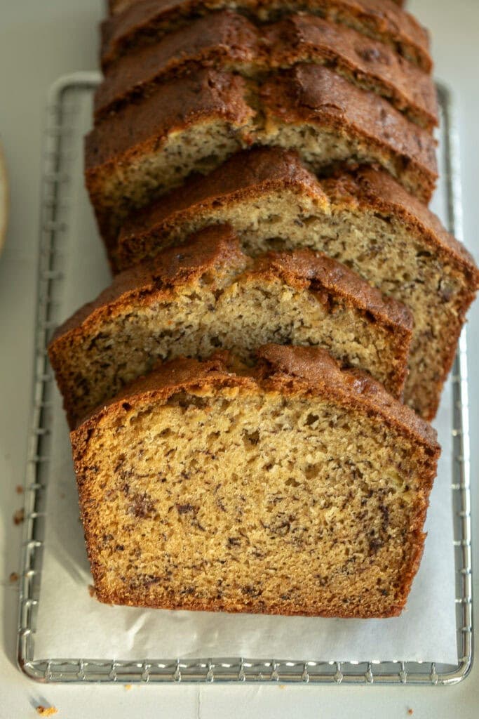 slices of banana bread on a wire rack