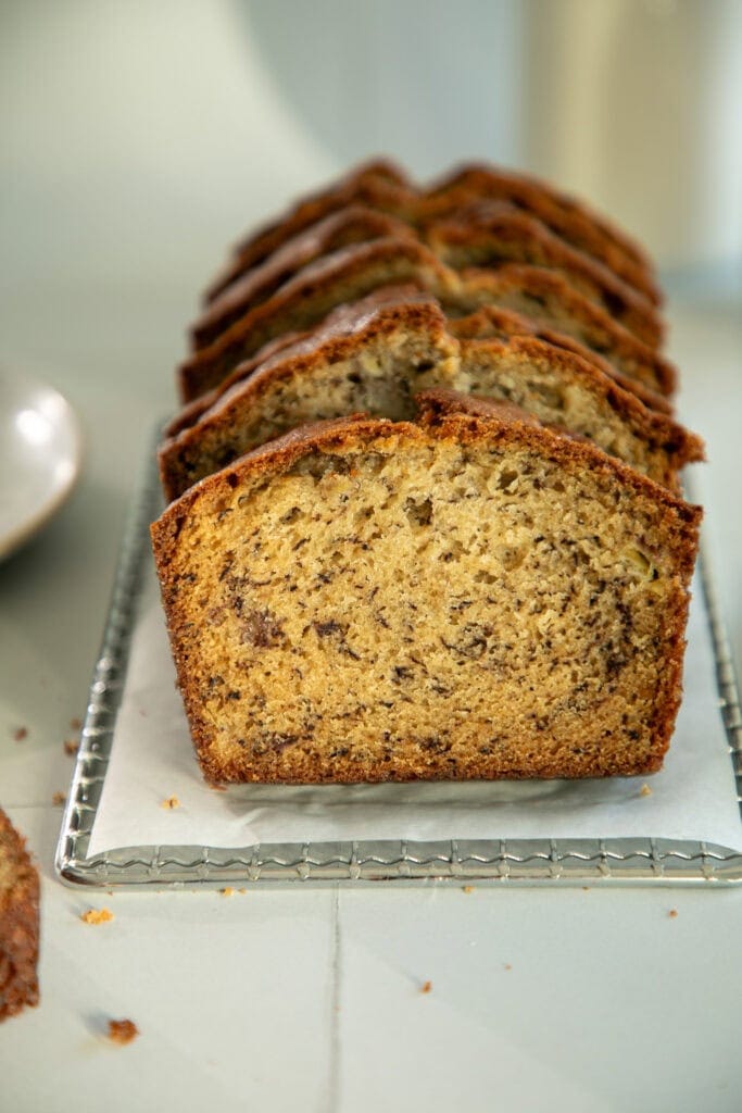 Slices of banana bread on a wire rack