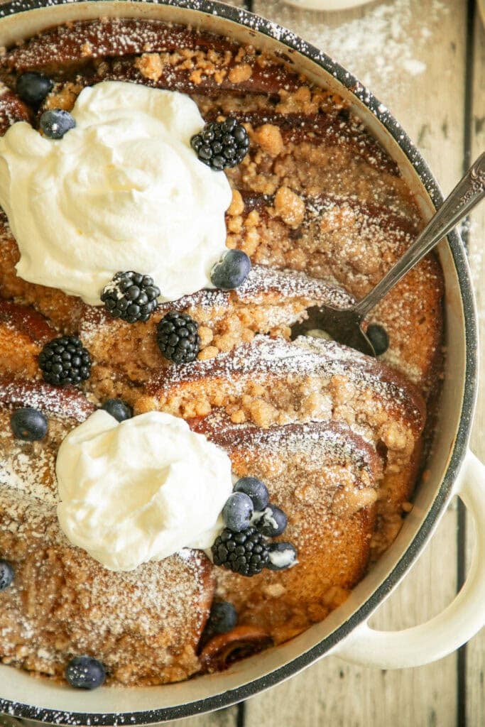 Round casserole dish with baked French toast