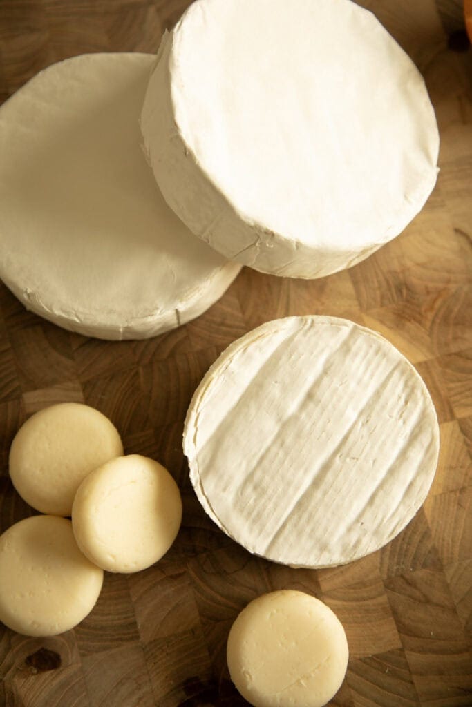 Wheels of brie cheese with mini baby bell cheese