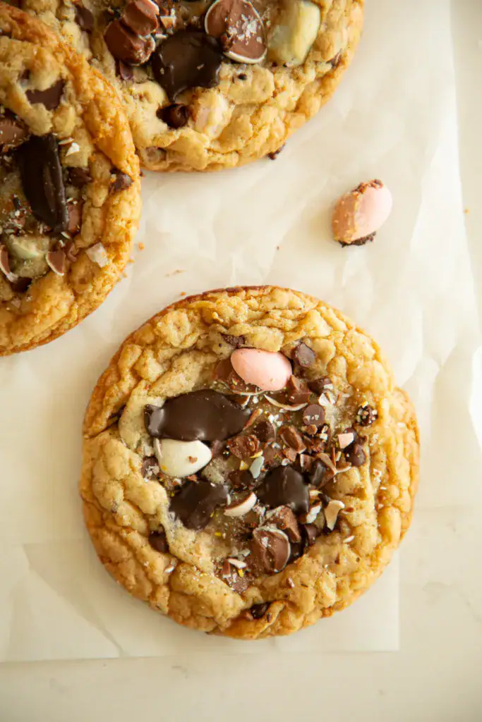 Fresh baked easter monster cookie on parchment paper
