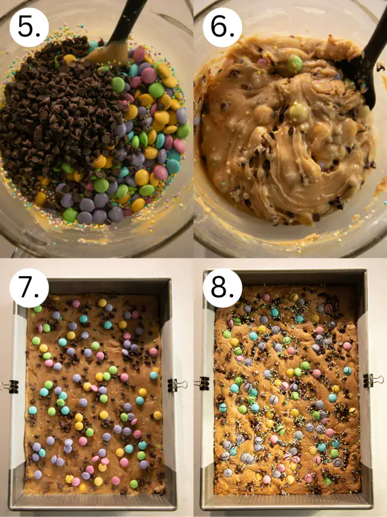Labeled step by step instructions for making the Easter M&M bar