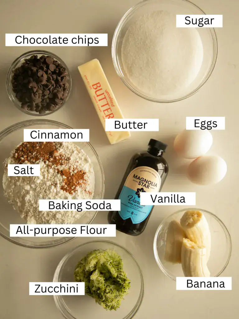 portioned and labeled banana bread ingredients