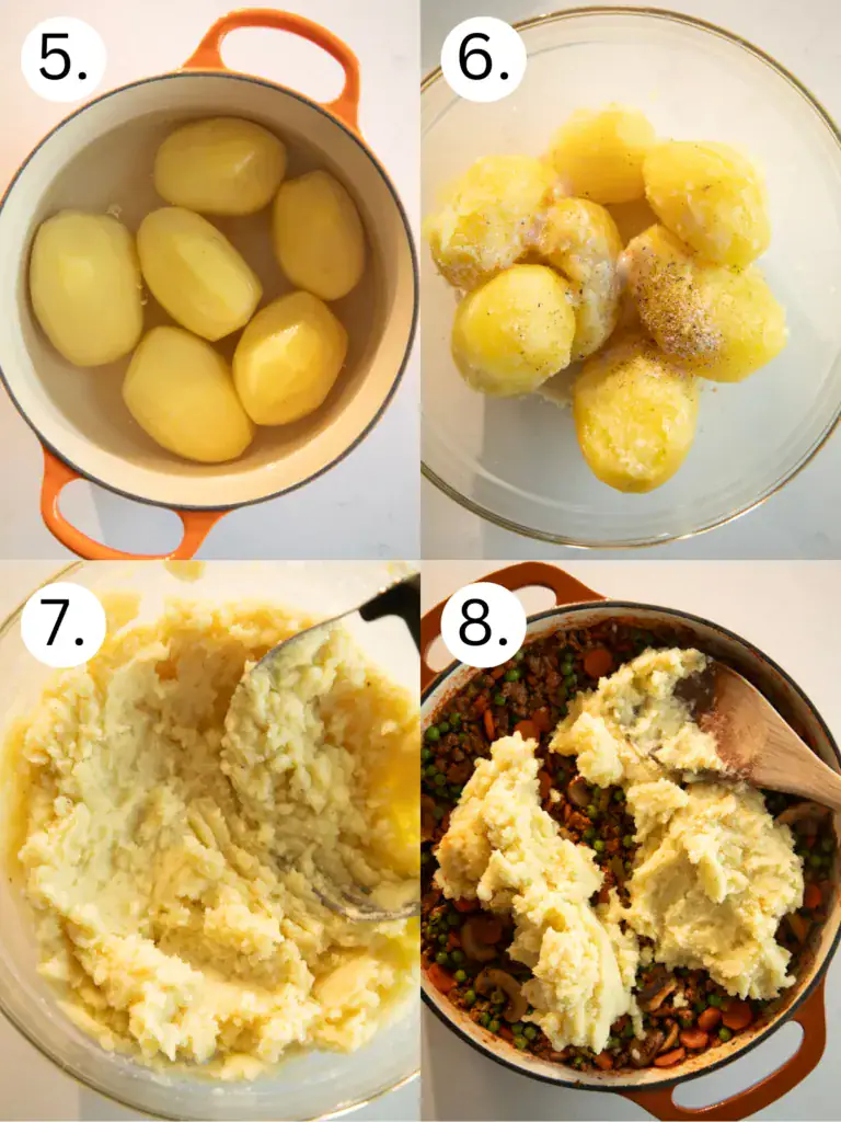 step by step labeled instructions of making the potatoes and covering the pie
