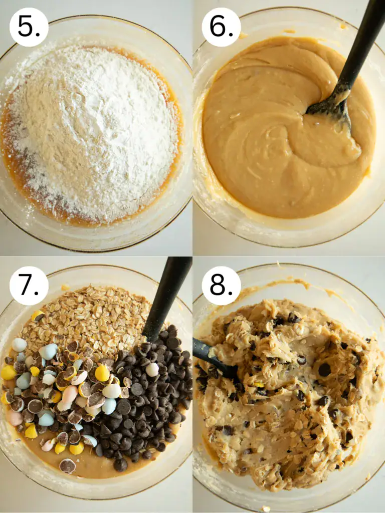 Step by step labeled process shots for making the cookie dough. Steps 5-8