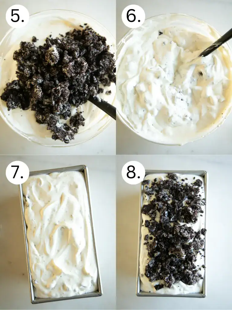 step by step process shots for mixing the Oreo ice cream