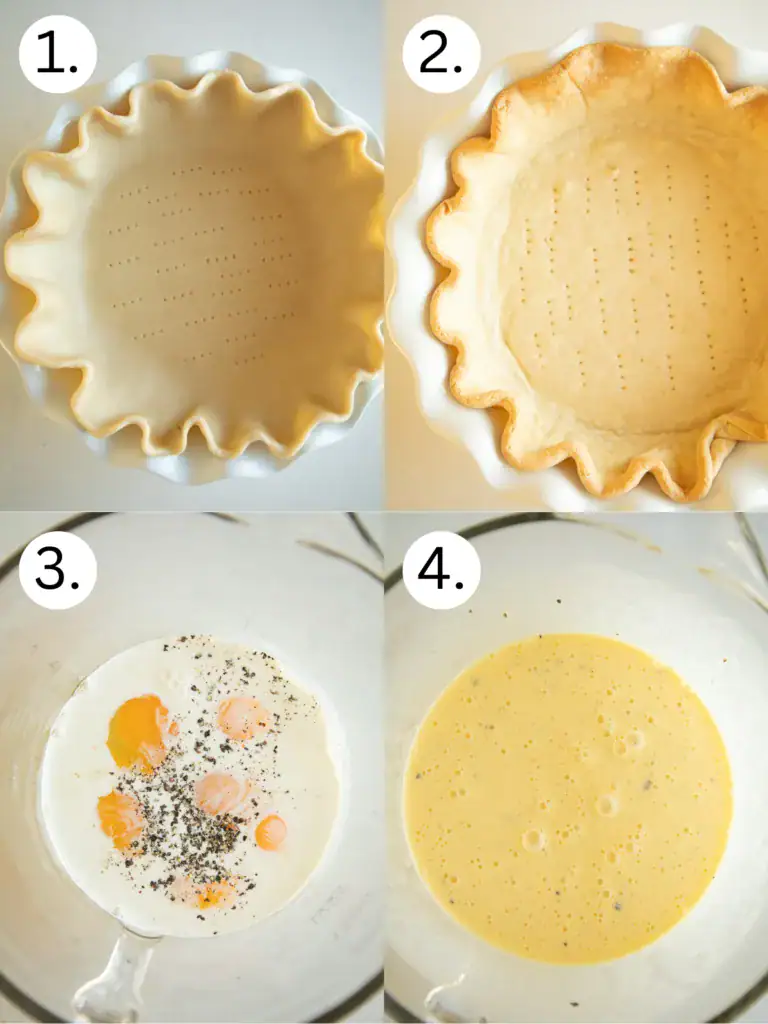 steps 1-4 on how to blind bake the pie crust and prep the egg filling.