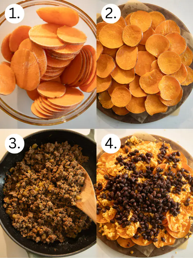 Labeled Steps 1-4 on how to make and assemble the sweet potatoes 