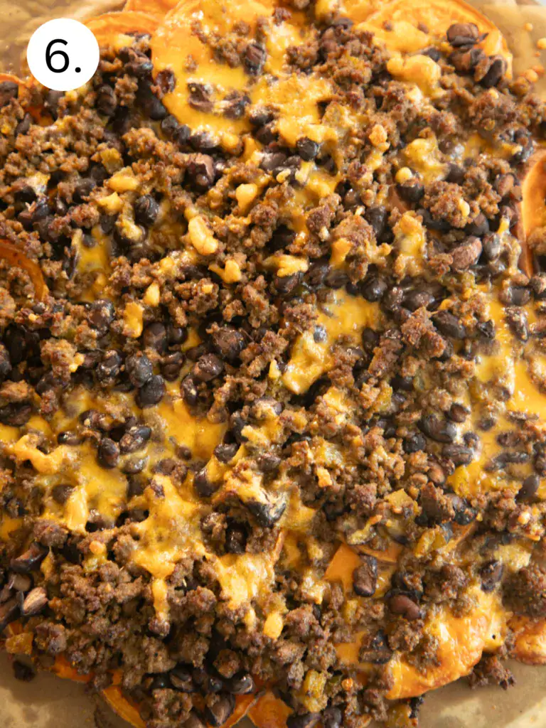 Final step 6, gooey sweet potato nachos out of the fridge