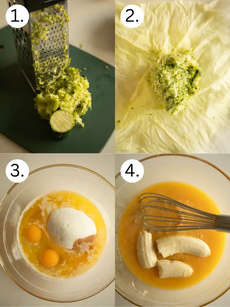 step by step instructions on how to shred the zucchini and begin the batter