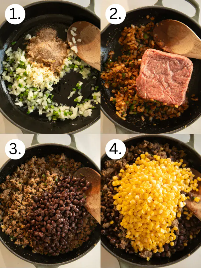 step by step labeled process shots of preparing the meat mixture